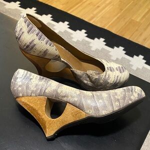 Schuler and Sons for Anthropologie Snakeskin Cutout Wedge Heels